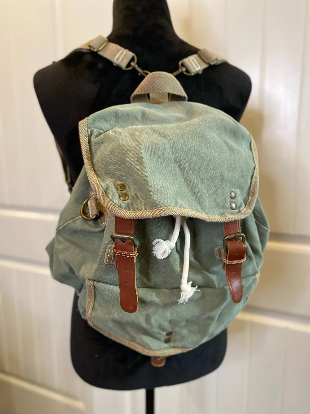 American Eagle Outfitters Sage Green Canvas Backpack with Brown Trim